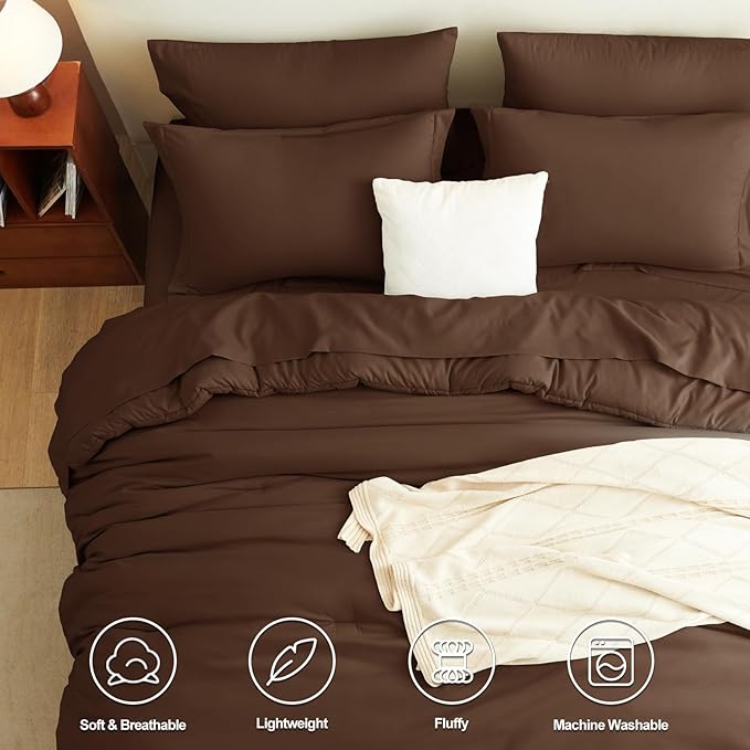 CozyLux King Size Comforter Set Brown, 7 Pieces Bed in a Bag King Comforter Set with Sheets, Soft Bedding Set with Down Alternative Comforter, Fitted Sheets, Flat Sheets, Pillow Shams and Pillowcases