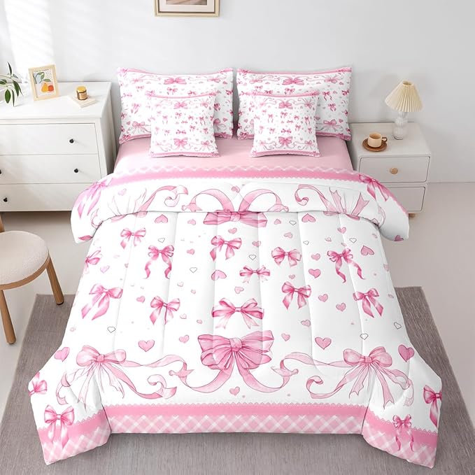 Feelyou Pink Bowknot Comforter Set with Sheets 7 Piece Twin Size Dreamy Princess Bed in a Bag Kids Boys Girls Cute Bow Bedding Set Love Hearts Bedroom Decor Breathable Soft Lightweight Microfiber