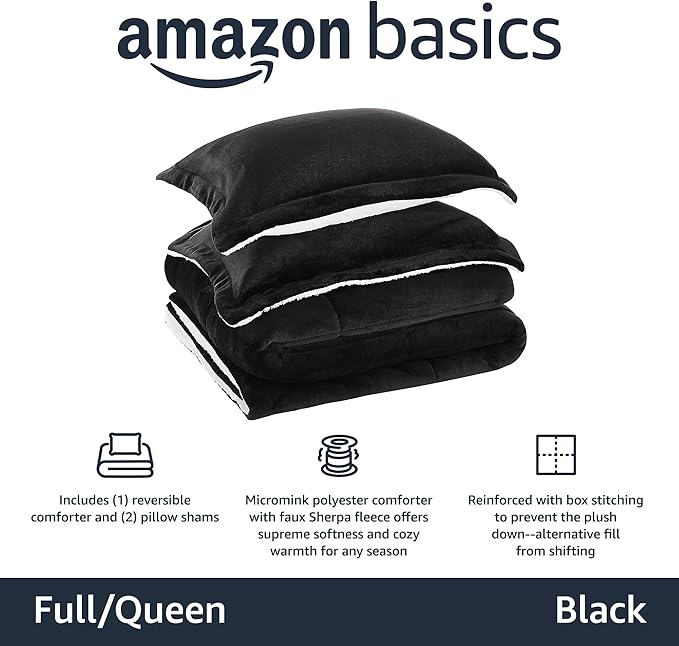 Amazon Basics 3 Piece Bedding Set, Micromink Sherpa, Ultra-Soft, Warm All Season Comforter, Full/Queen, Black, Solid
