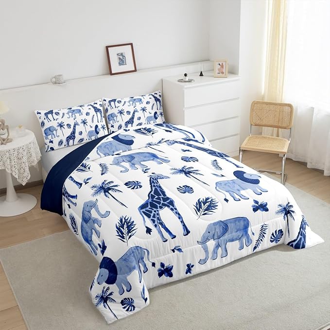 Feelyou Jungle Animals Comforter Toddler Size Elephant Lion Giraffe Animal Bedding Sets African Safari Animal Comforter Set for Kids Boys Girls Hunter Blue Rust Wildlife Down Comforter