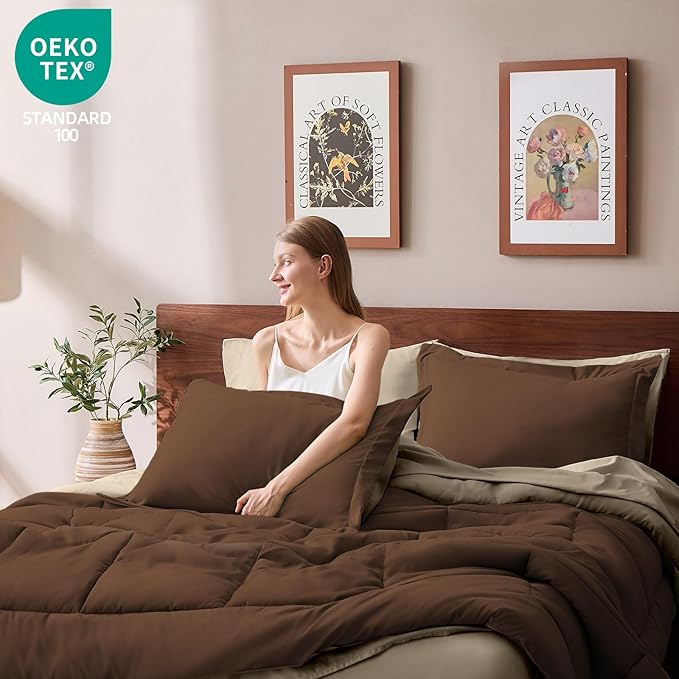 FUANNA King Size Comforter Set 7 Pieces, Reversible Bedding Sets with All Season Comforter, Bed in a Bag Includes Comforter, Flat Sheet, Fitted Sheet, Pillowcases & Shams, Dark Brown & Oatmeal