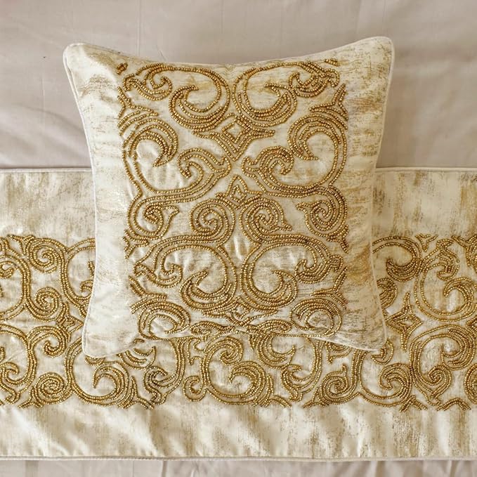 The HomeCentric King/Queen/Twin Gold Designer King 90"x18" Bed Runner Without Pillow Cover, Foil & Hand Beaded Embroidery Bed Scarf on Jacquard Fabric - Ornamento Oro