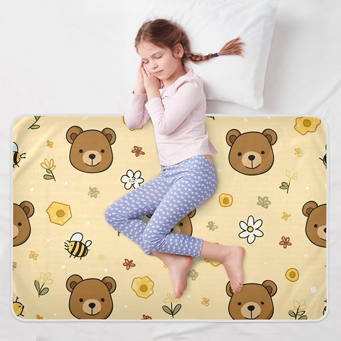 Waterproof Bed Pad Reusable Changing Pad Toddler Mattress Protector Large Pee Pad Baby Diaper Pad Soft Washable Liner Brown Bear Bees Honey Yellow
