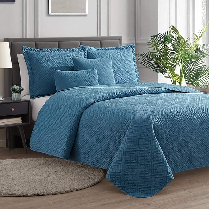 Hearth & Harbor Quilts Queen Size - All Season Bedspread Coverlet Set, Pinsonic Weave Lightweight Bedding Set - 7 Piece Queen Quilt Set with Pillow Shams, Diamond - Blue Heaven