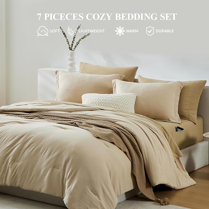 WRENSONGE Full Size Comforter Set- 7 Pieces Soft Beige Bed in a Bag Full with Fitted Sheet, Flat Sheet, 2 Pillow Shams, 2 Pillowcases, Warm Bedding Sets for All Season