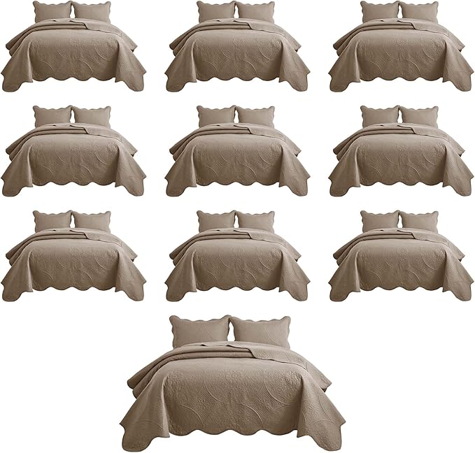 MOONLIGHT20015 10 Pack Twin Quilt Bedding Set (68" x 86") - Bulk Wholesale for Hotels, Guest Bedroom & Airbnbs - Lightweight Microfiber Reversible Floral Embossed Quilts Bedspreads (Beige)