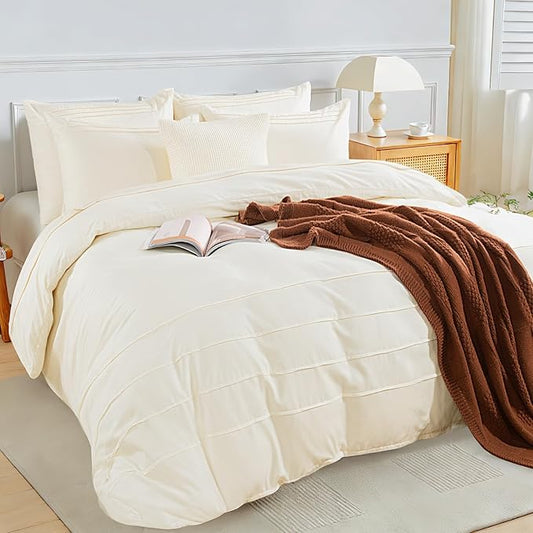 NEXHOME PRO 100% Washed Cotton Duvet Cover Twin,Linen Like Pleated Textured Ivory Duvet Cover Set,2pc Organic Bedding Set with Zipper Closure,Soft,Lightweight Breathable(68"x90",No Comforter)