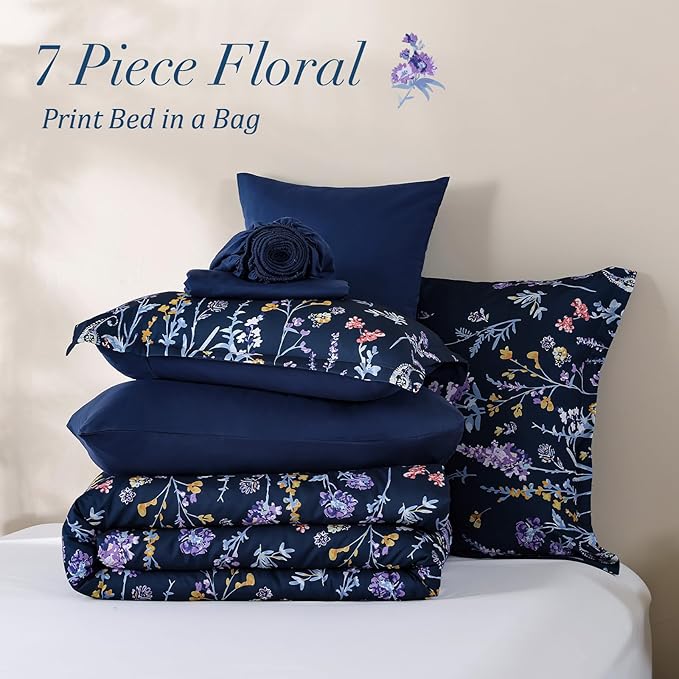 Yiran Navy Floral Comforter Set Queen Size, 7 Piece Blue Botanical Flowers Comforter Bedding Set, Bed in a Bag Queen, Soft Microfiber Complete Bedding Set with Sheets for All Season