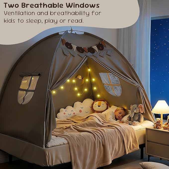 Full Bed Tent, Bunk Bed Tent Canopy with Stars Light & Flags, Breathable Sleeping Drafty, Privacy Space Dream Playhouse for Indoor Floor, Birthday Gifts, Grey