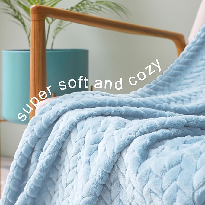 Exclusivo Mezcla Fleece Throw Blanket for Couch and Bed, 50x70 Inches Soft Cozy Jacquard Flannel Blankets, Lightweight Fuzzy Plush Warm Throws for Women, Light Blue