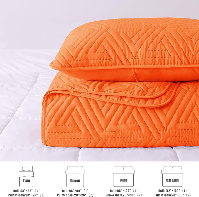 Whale Flotilla Soft Queen Size Quilt Set for All Seasons, 3-Piece Ultrasonic Geometric Quilts Bedding Set, Lightweight Reversible Bedspread, Coverlet, Bed Cover with 2 Pillow Shams, Orange