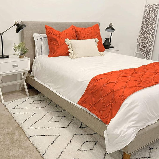 Bed Runner Set - 100% Pure Cotton 800 Thread Count - Luxury 1 Pinch Pleated Bed Runner and 2 Pillow Cover - 3 Piece Pinch Pleated Bed Runner Set Queen, Orange
