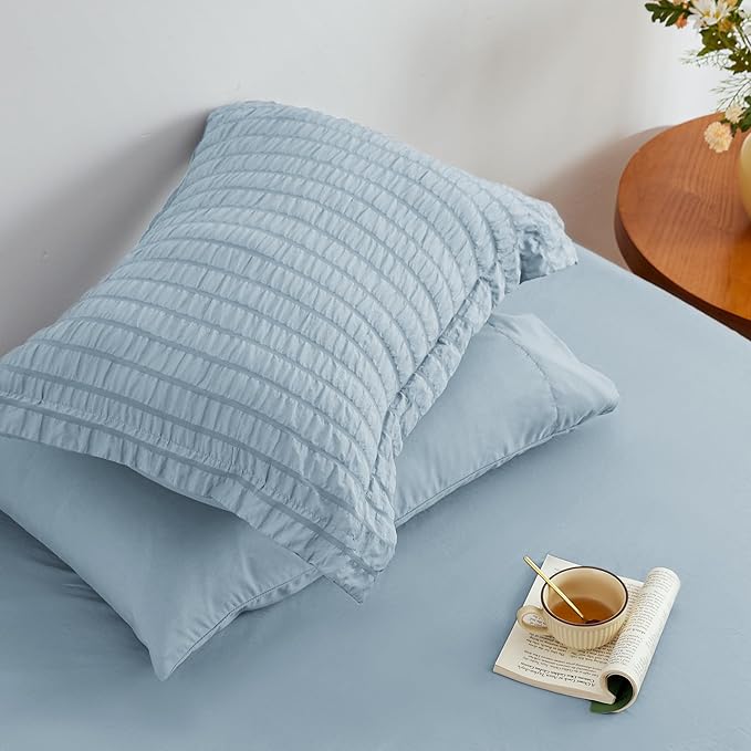 Love's cabin Seersucker Light Blue Queen Comforter Set, 7-Piece All Season Lightweight Bed in a Bag Bedding Set with Comforter, Flat Sheet, Fitted Sheet, Pillowcases and Shams | Soft, Breathable, Lightweight
