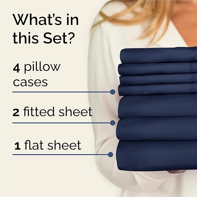 Split King 7 Piece Sheet Set - Comfy Breathable & Cooling - Soft Hotel Luxury Bedding Set with 8-16 Inch Deep Pockets - 1 Flat & 2 Fitted Sheet & 4 Pillowcases - Wrinkle Free & Easy Care - Navy Blue