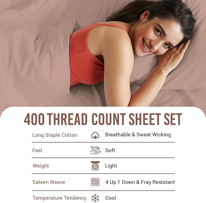 Pizuna Pure 100% Cotton Sheets RV King Size, Luxurious 400 Thread Count Long Staple Cotton Sateen RV King Sheets Set with 15inch Deep Pocket (Combed Pale Rose Pink Cotton Sheet Set)