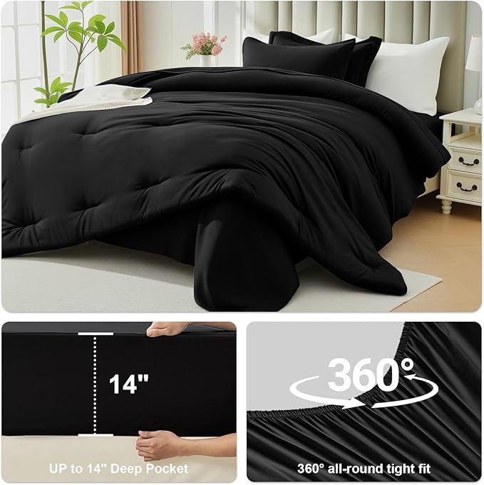 Full Comforter Set 7 Pieces - Ultra-Soft Bed in a Bag Full Size, Cozy Luxury All Season Bedding Sets with Comforter, Flat Sheet, Fitted Sheet, 2 Pillow Shams & 2 Pillowcases, Black
