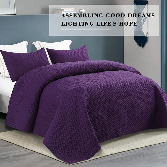 Exclusivo Mezcla Full Queen Size Quilt Bedspreads with Basket Weave Pattern, Soft Lightweight Summer Quilts Bedding Set Coverlets Bed Cover for All Seasons, Purple