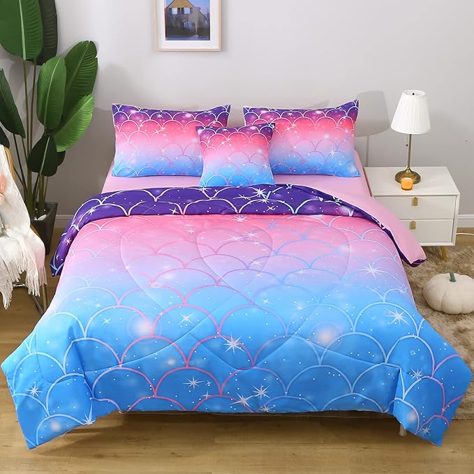 JQinHome Queen Size Mermaid Comforter Set, 6 Piece Bed in A Bag 3D Colorful Bedding Set for Girls Kids (1 Comforter,2 Pillowcases,1 Flat Sheet,1 Fitted Sheet,1 Cushion Cover)(Pink Mermaid Scale)