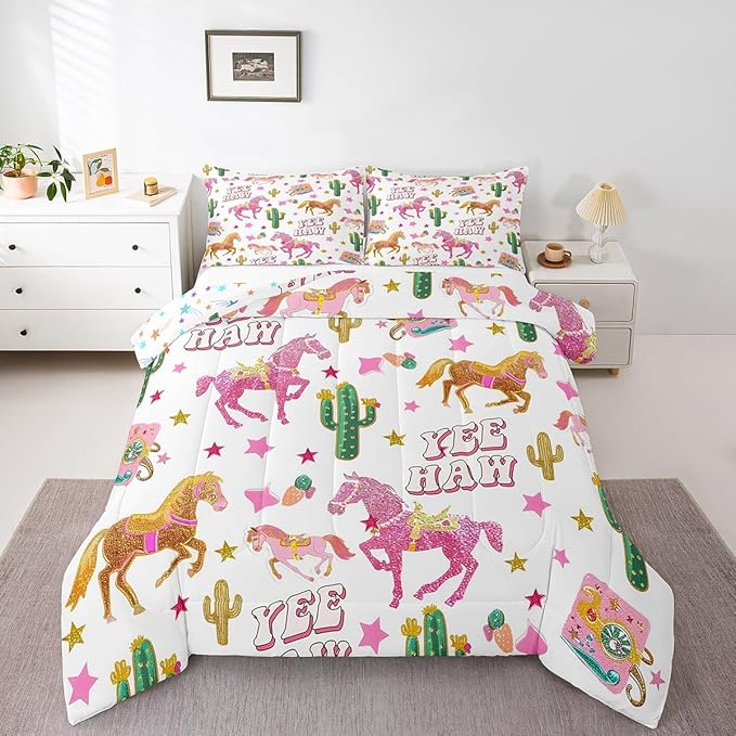 Feelyou Pink Glitter Cowgirl Decor Comforter Set Toddler Size for Girls Adults Cowboy Horse Boots Print Kids Kawaii Bedding Set Girly Whitewooden Farmhouse Quilt Set with 1 Pillowcase