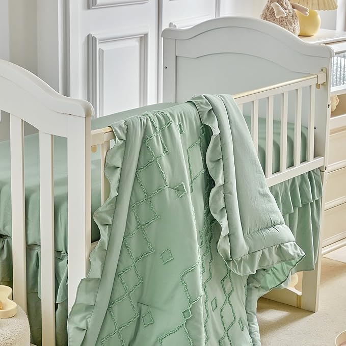 AIKASY The Ruffled Shabby Crib Bedding Set for Girls, Baby Quilted Comforter with Fitted Sheet, Bed Skirt, and Pillowcase.