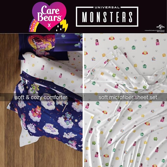 Care Bears x Universal Monsters Halloween Bedding 5 Piece Super Soft Cozy Reversible Comforter and Sheet Set with Sham, Twin, (Officially Licensed Product) by Franco