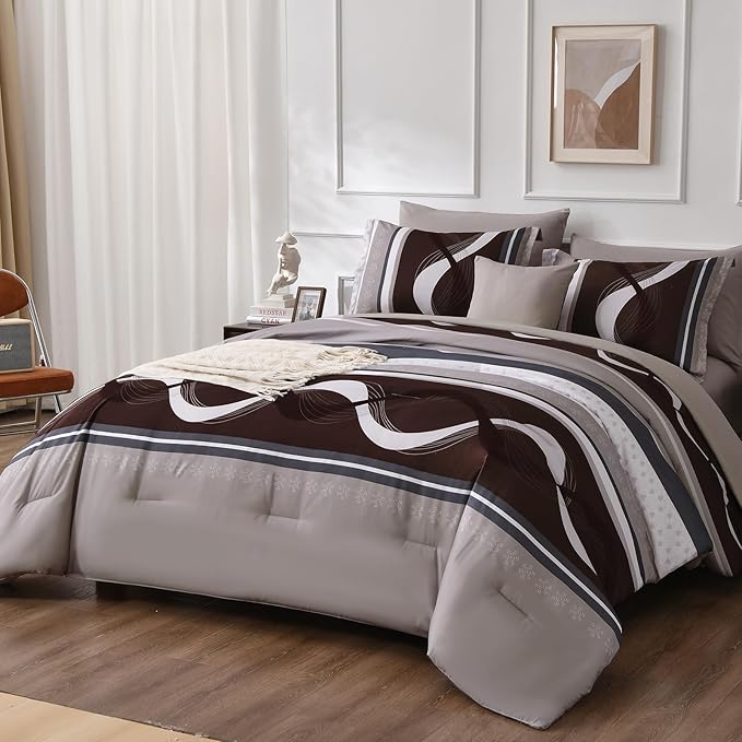 Anibedding Striped Comforter Set King Size,8 Pieces Bed in a Bag Beige and Brown Patchwork Bedding Sets,Boho Soft Microfiber Bedding Set for All Season(104"×90")