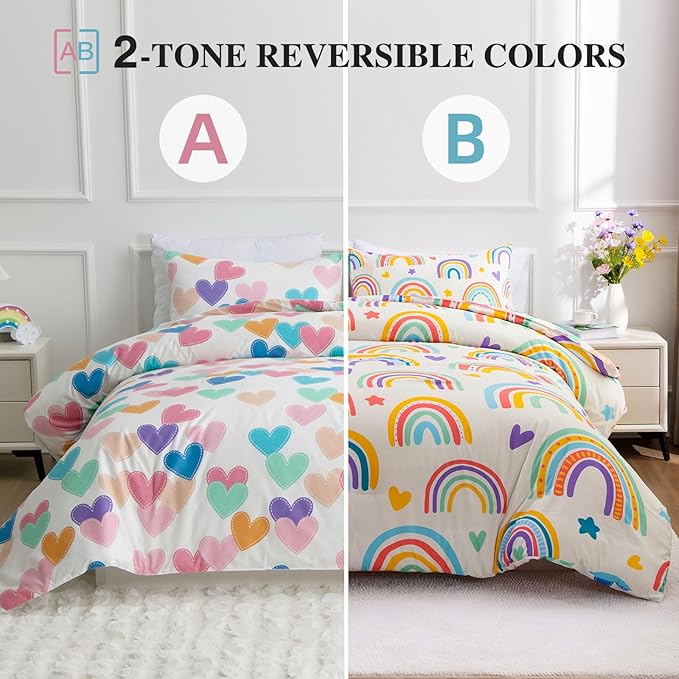 Btargot 3 Piece Kids Rainbow Comforter Set with 2 Pillow Covers, Cartoon Love Hearts Suns and Stars Bedding Set for Girls Boys, Queen Beige