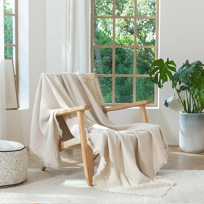 MooMee Muslin Blanket - 100% Cotton 4-Layer Gauze Throw Blanket with All-Around Fringe, Ultra-Soft Breathable Lightweight Cooling Decorative for Bed, Sofa & Couch (Beige,King 104" x 90")