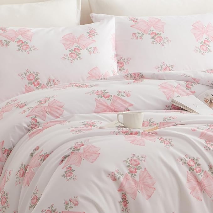 Nayoroom Pink Bow Duvet Cover Full Size Coquette Pink Floral Duvet Cover 3 Pieces Soft Lightweight Microfiber Girls Cute Aesthetic Dorm Bedding Set
