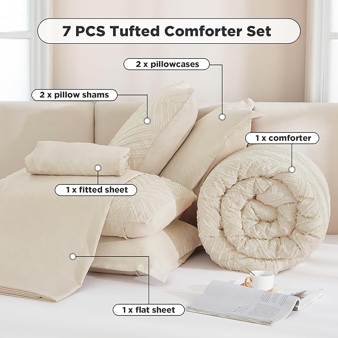 Andency Beige Full Size Comforter Set with Sheets - 7 Pieces Bed in a Bag Boho Tufted Bedding Sets Fluffy Lightweight Full Bed Set with Comforter, Sheets, Pillowcases & Shams for All Season