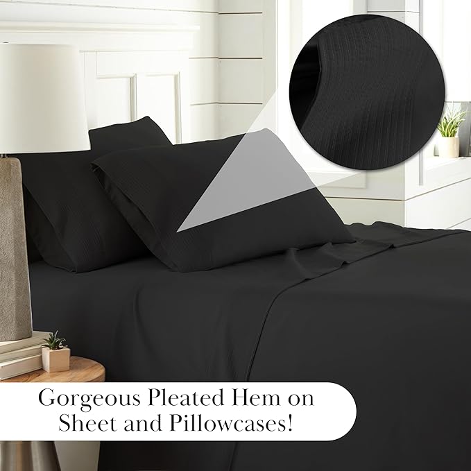 SouthShore Fine Living Vilano Pleats, 4-Piece, 21-Inch Extra Deep Pocket Sheet Set, Full Sheets Set with Flat Sheets and Pillowcase, Easy Care and Shrinkage-Free Deep Pocket Sheets, Sheet Set, Black