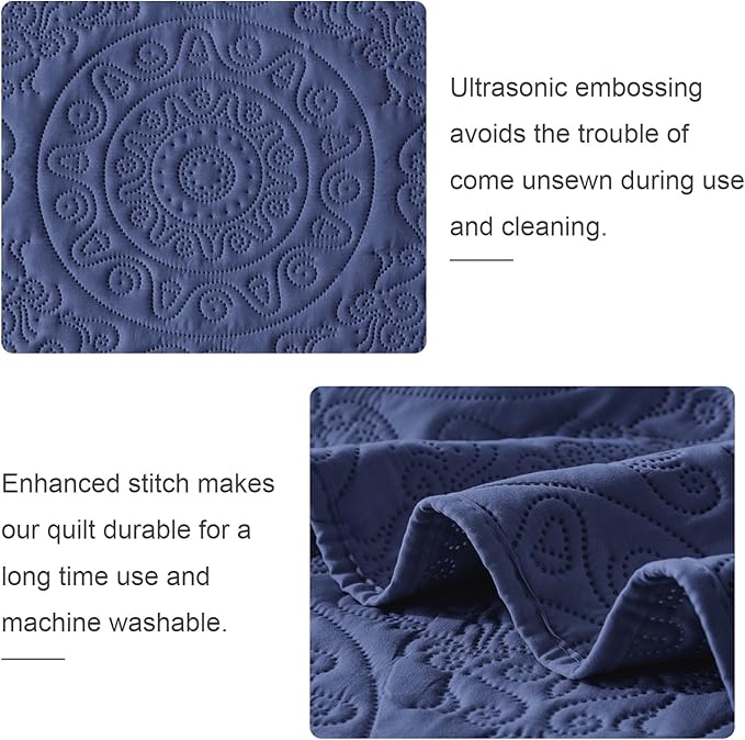 WURUIBO Navy Blue Quilt Set Twin Size, Embossing Microfiber Bedspreads with Pillow Sham, Ligthweight Breathable Thin Coverlet, Reversible Bedding Set for All Season (1 Quilt, 1 Pillow Sham)