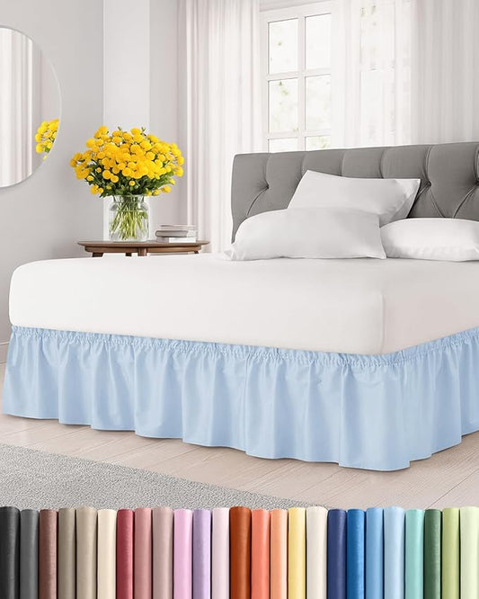Wrap Around Dust Ruffle Bed Skirt - Sky Blue - for Full Size Beds w/ 12 Inch Drop - Easy Fit Elastic Strap - Adjustable Pleated Bedskirt w/Brushed Fabric - Wrinkle Free, Women, Men, Kids & Teens