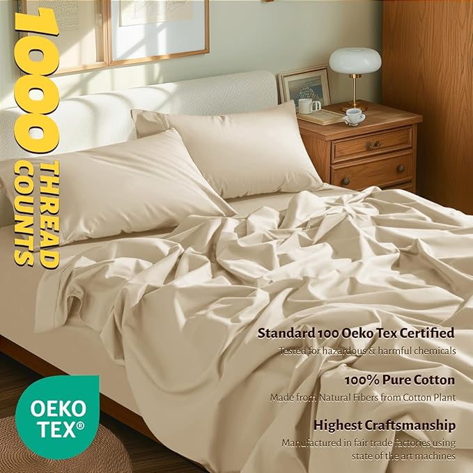 Shilucheng 100% Egyptian Cotton Sheets Set - 1000 Thread Count，Luxury Cotton Bed Sheets，Breathable & Cooling Bedding and Pillow Cases, 16 Inch Deep Pocket - 4 Piece (California King, Beige)