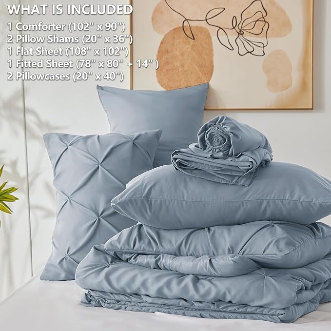 King Comforter Set Grayish Blue, 7 Pieces Pintuck Bed in A Bag King Size Bedding, Soft Bed Set All Season Pinch Pleat Comforter Set with Sheets, Pillowcases & Shams