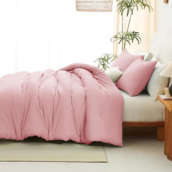 CozyLux Queen Comforter Set Pink, 3 Pieces Solid Queen Comforter Breathable Quilted Style Bedding Sets, Luxury Soft Bed Set with Down Alternative Comforter All Season (1 Comforter & 2 Pillowcases)