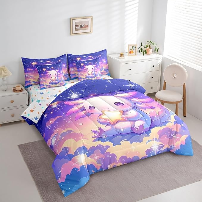 Feelyou Kids Cute Axolotl Bed in A Bag Queen Size, Galaxy 7 Pieces Bedding Set Boys Girls Cartoon Salamander Comforter Set with Sheets Kawaii Animal Teens Bed Set Bedroom Decor 7Pcs