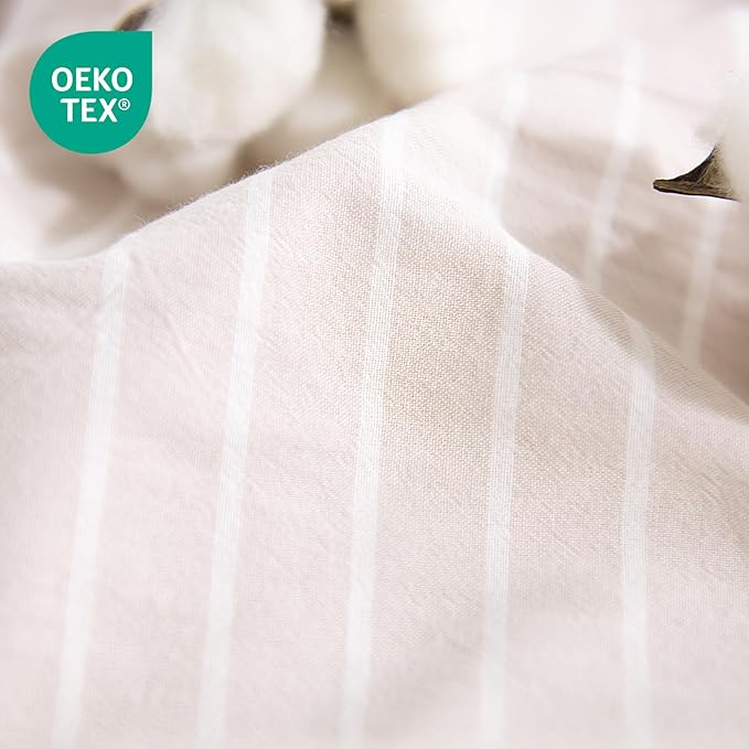 NEXHOME PRO Striped Duvet Cover Queen Size,100% Washed Cotton Bedding Set,Textured Linen Feel,Breathable,Organic,3 Piece(White Stripes 90x90)