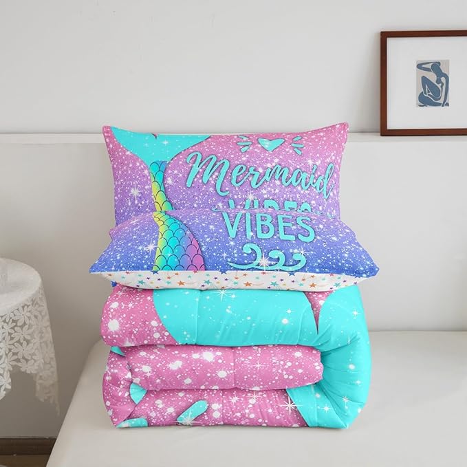Kawaii Mermaid Bedding Twin,Mermaid Scales Tail Comforter Set Glitter Star Galaxy Princess Bedding Set Watercolor Blue Pink Pastel Ombre Quilt Duvet Ocean Animal Comforter Teal Girly Room Decor 2 Pcs