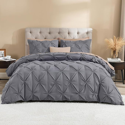 Litanika Dark Grey Oversized Queen Pinch Pleat Duvet Cover, 3 Pieces Pintuck Cover Soft Microfiber Bedding Set with Zipper Closure & Corner Ties(1 Duvet Cover, 2 Pillowcases)