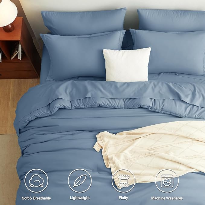 CozyLux King Size Comforter Set Grayish Blue, 7 Pieces Bed in a Bag King Comforter Set with Sheets, Bedding Set with Down Alternative Comforter, Fitted Sheets, Flat Sheets, Pillow Shams & Pillowcases