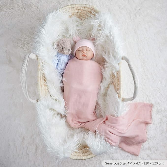 Meracorallo Muslin Swaddle Blanket Silky Soft Receiving Blanket Neutral Swaddle Wrap for Baby Boys and Girls, 47 x 47 inches, Set of 4 Solid Color (White+Blue+Pink+Purple)