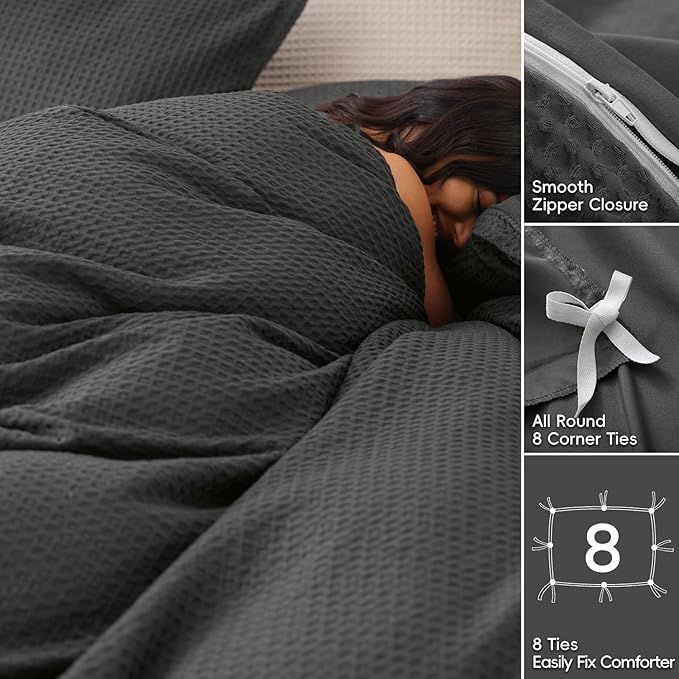 David's Home Waffle Weave Duvet Cover Set King Size,Soft Breathable 3pcs Comforter Cover Set with 2 Pillowcases,Textured Home Decor Bedding Set Cozy for All Seasons,Grey 104"×90",No Comforter