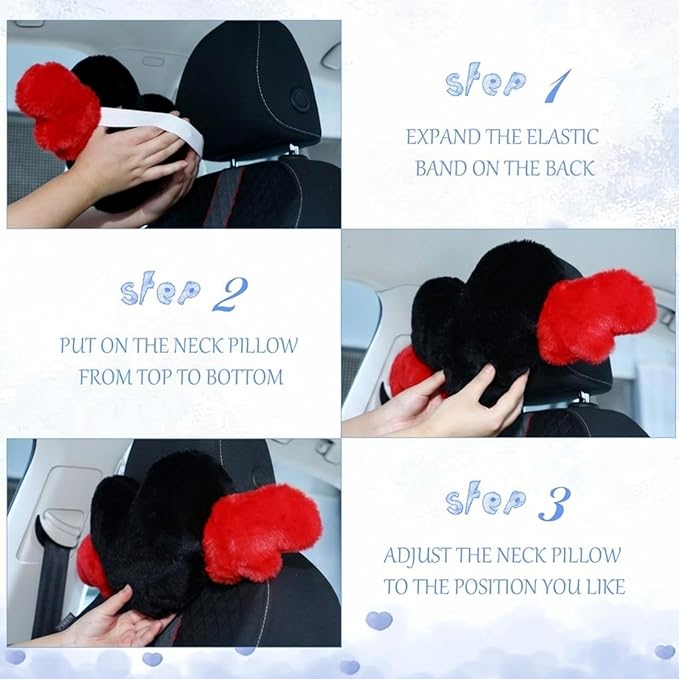 Macarrie 2 Pcs Plush Heart Shaped Pillow with Angel Wings Car Headrest Soft Comfortable Seat Pillow for Driving Travelling Room Office Car Decor, 19.7 x 8.3 Inch(Black, Red)