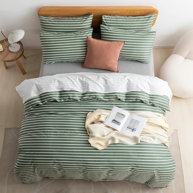 JELLYMONI Full Duvet Cover Set, Cotton Duvet Cover 3 Pieces with Zipper Closure, 1 Duvet Cover and 1 Pillowcases(Green with White Striped)