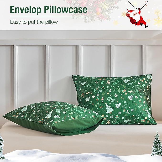 Lekesky Christmas Duvet Cover Queen Size,3 Pieces Reversible Duvet Cover Set with Red Snowflake Holiday Bedding Set with Zipper and 8 Corner Ties (Queen,90"x90"),Green
