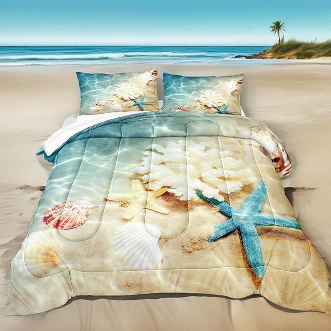 Bedbay Coastal Beach Comforter Set Queen Bedding Beach Theme Comforter Coastal Bedding Set Ocean Quilt Comforter Set Beach Decor Soft Microfiber Lightweigh Summer Quilt (Coastal,Queen)