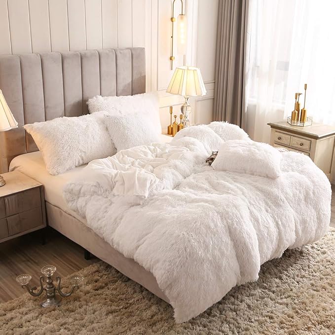 Uhamho Faux Fur Velvet Fluffy Bedding Duvet Cover Set Down Comforter Quilt Cover with Pillow Sham, Ultra Soft Warm (White, Twin)