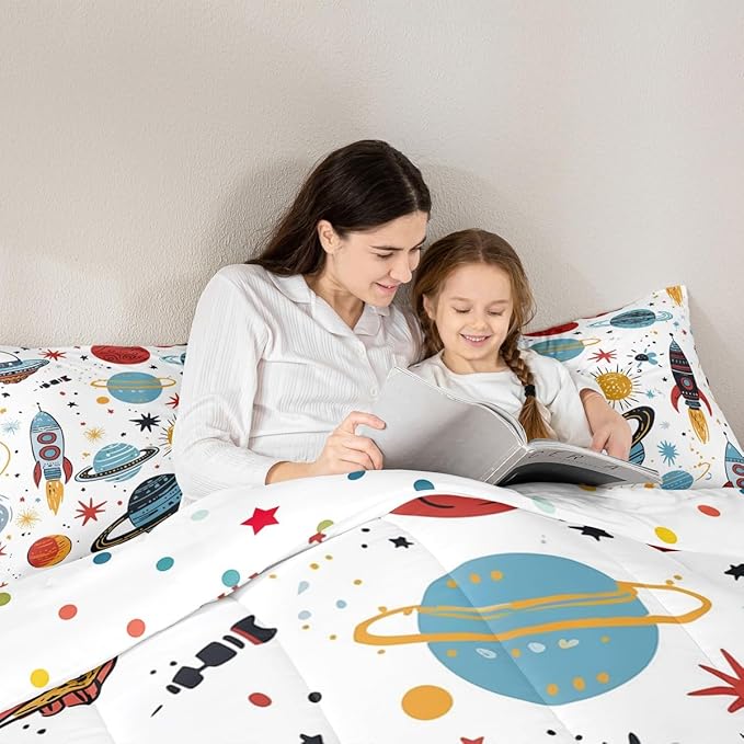 Erosebridal Outer Space Bedding Set King Size Kids Boys Space Ship Rocket Comforter Set Cartoon Universe Stars Planet Down Comforter Cosmos Meteorite Quilt Duvet Set with 2 Pillow Cases