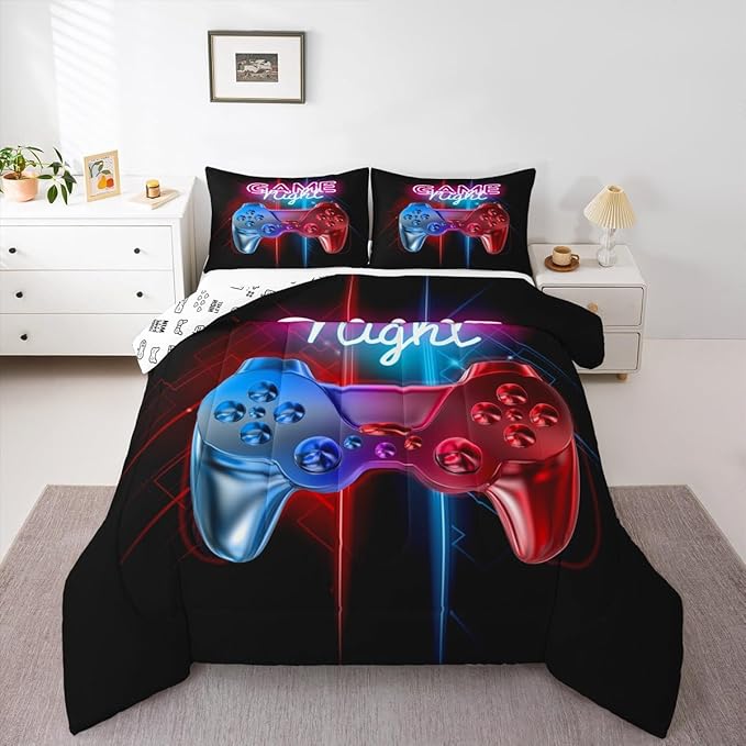 Boys Gaming Comforter Set Queen Size Teens Gamer Bedding Set Modern Blue Red Video Game Controller Comforter For Kids Children Youth Bedroom Decor Multi-Color Gamer Console Action Buttons Duvet Set